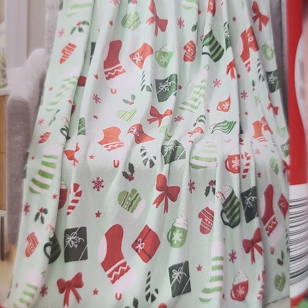 Holiday Throw COZY Blanket Festive - hot cocoa, stocking candy cane, red bow